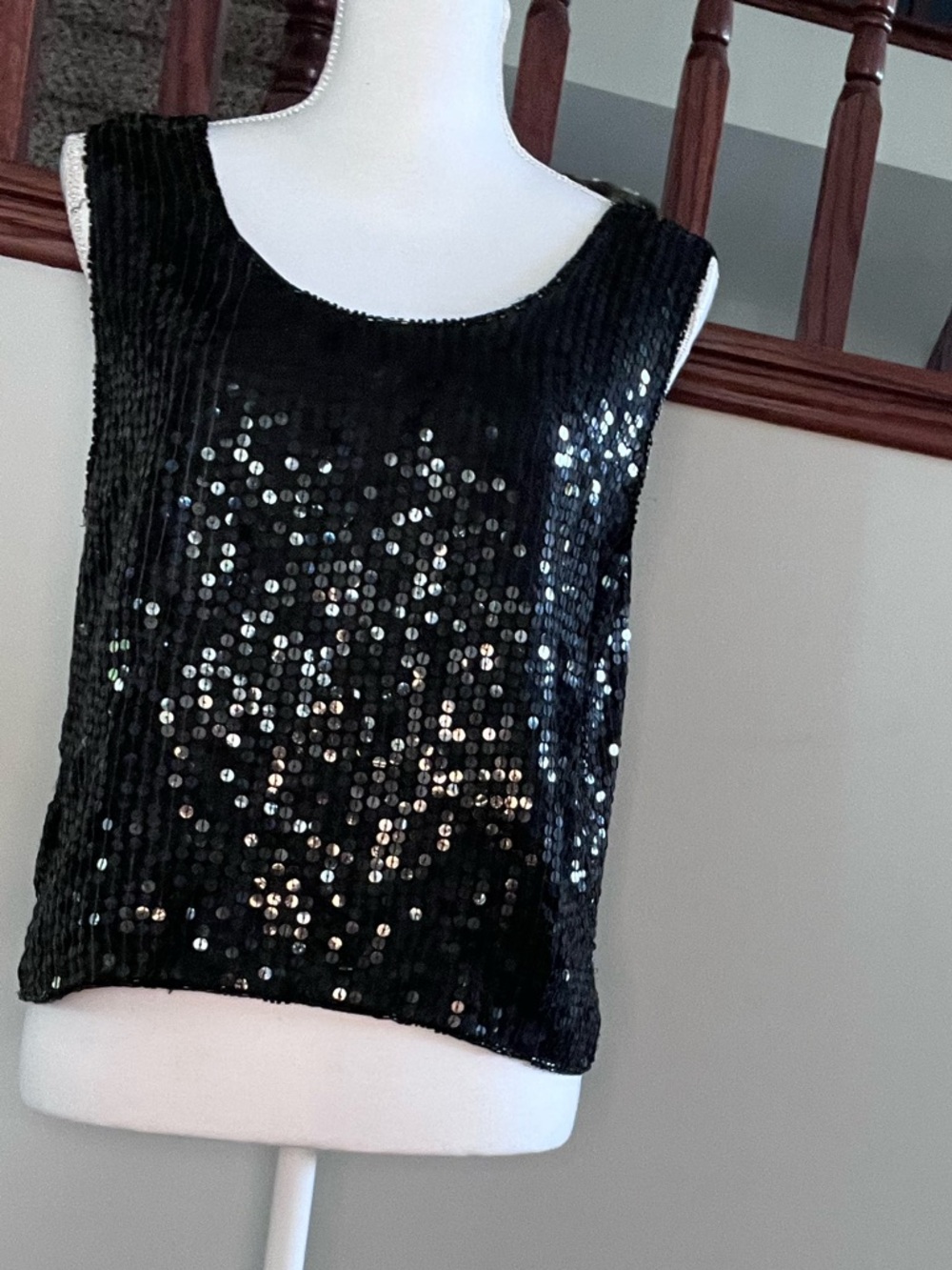 Shimmer New York Vintage Black Silk Sequin Tank Top Scoop Neck Blouse Small